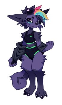 1girl androgynous animal_ear_fluff animal_ears animal_feet animal_hands black_eyes claws commentary curled_tail digitigrade english_commentary fang flat_chest furry furry_female grey_fur highres horns looking_at_viewer melt_(seelmaru) multicolored_hair original seel_(seelmaru) short_hair simple_background solo sports_bra sports_panties sportswear standing streaked_hair tail undressing white_background