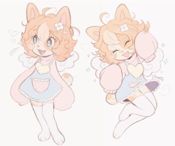 1girl ahoge animal_ears animal_feet blue_dress blue_eyes blush_stickers cat_ears cat_girl closed_eyes commentary doekis dress english_commentary faux_retro_artstyle flower furry furry_female hair_flower hair_ornament miette_(doekis) multiple_views orange_hair original pastel_colors pink_sweater retro_artstyle short_hair short_tail smile socks sweater tail white_background white_socks wings