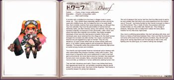 1girl armor bear character_profile dwarf dwarf_(monster_girl_encyclopedia) english_text fang female_focus goggles goggles_on_head gradient_hair green_eyes groin hammer hard-translated kenkou_cross long_hair midriff monster_girl monster_girl_encyclopedia multicolored_hair navel official_art open_mouth smile solo stuffed_animal stuffed_toy text_focus third-party_edit translated twintails