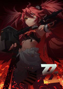 1girl ahoge animal_ears armpits bare_shoulders bear_ears black_gloves breasts chinese_commentary commentary crop_top eyepatch fake_animal_ears fingerless_gloves gloves hair_between_eyes hair_ornament highres holding koleda_belobog long_hair looking_at_viewer luomuzhen midriff navel pants red_eyes red_hair solo sphere_hair_ornament twintails zenless_zone_zero