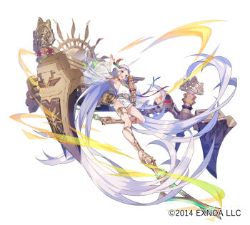 Rule 34 | 1girl, brown eyes, character request, commentary request, copyright notice, dress, feather hair ornament, feathers, gradient feathers, green feathers, hair ornament, holding, long hair, open mouth, oshiro project:re, pekoo (pekota), platform sandals, red feathers, rigging, sandals, see-through clothes, see-through sleeves, short dress, smile, solo, white background, white dress, white hair