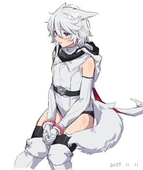 Rule 34 | 1girl, animal ears, bare shoulders, bracelet, dog ears, dog girl, dog tail, elbow gloves, eye mask, gloves, heart-shift bracelets, highres, hooded leotard, jewelry, leotard, mask, parted lips, red eyes, short hair, shy (character), shy (series), simple background, sitting, superhero costume, sweatdrop, tail, takatisakana, white background, white gloves, white hair, white leotard