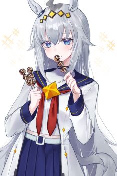 1girl ahoge animal_ears blue_eyes blue_sailor_collar blue_skirt blush breasts brooch commentary_request ear_ornament eating food glutton grey_hair grey_tail hair_between_eyes hair_ornament hairband highres holding holding_food holding_skewer horse_ears horse_girl horse_tail jacket jewelry long_hair long_sleeves multicolored_hair neckerchief nellku24 oguri_cap_(starlight_beat)_(umamusume) oguri_cap_(umamusume) pleated_skirt red_neckerchief sailor_collar shirt skewer skirt solo sparkle star_brooch tail takoyaki umamusume white_jacket white_shirt