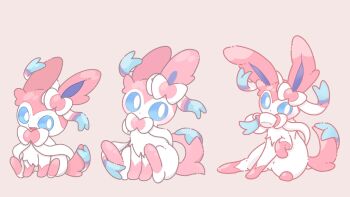 Rule 34 | animal focus, blue eyes, bow, bright pupils, commentary request, full body, gen 6 pokemon, grey background, highres, lily saku39, looking at viewer, multiple views, nintendo, no humans, pink fur, pokemon, pokemon (creature), pokemon focus, ribbon, simple background, sitting, smile, sylveon, two-tone fur, white fur, white pupils