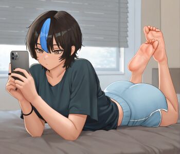 1girl ass barefoot black_hair brown_eyes cellphone dolphin_shorts feet highres lying medium_hair multicolored_hair nihu on_bed on_stomach phone shirt shorts smartphone soles streaked_hair t-shirt the_pose toes