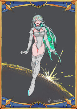 1girl 3755km absurdres breasts commentary_request fate/grand_order fate_(series) green_eyes green_hair highres kukulkan_(fate) kukulkan_(second_ascension)_(fate) large_breasts leotard long_hair looking_at_viewer solo white_hair white_leotard