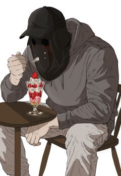 Rule 34 | 1boy, baseball cap, black hat, call of duty, chair, commentary request, feet out of frame, food, grey hoodie, hat, highres, holding, holding spoon, hood, hoodie, ice cream, konig (call of duty), korean commentary, male focus, masked, nanj1n, on chair, pants, simple background, sitting, solo, spoon, spread legs, sundae, table, white background, white pants, wooden chair, wooden table