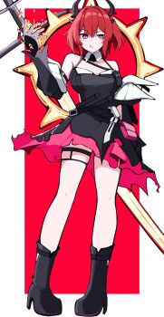 Rule 34 | 1girl, arknights, arknights: endfield, arm up, bare shoulders, black boots, black horns, black sleeves, boots, border, breasts, cleavage, commentary, detached sleeves, dress, fire, full body, hair between eyes, hair intakes, highres, horns, knee boots, laevatain (arknights), light blush, long hair, long sleeves, looking at viewer, magic, medium breasts, oekaki, outside border, pouch, purple eyes, pyrokinesis, red background, red dress, red hair, simple background, solo, standing, surtr (arknights), sword, thigh strap, uneven eyes, weapon, white border, yuntaro (ramen star)