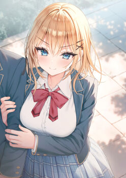 >:) 1boy 1girl arm_hug backlighting black_jacket blonde_hair blue_eyes blue_skirt blush bow bowtie breasts closed_mouth collared_shirt commentary_request cowboy_shot dappled_sunlight day eyelashes floating_hair hair_between_eyes hair_ornament hairclip hetero highres jacket kuro_futoshi large_breasts long_sleeves looking_at_viewer medium_hair open_clothes open_jacket original outdoors plaid_clothes plaid_skirt pleated_skirt red_bow red_bowtie school_uniform shirt skirt smile smug split_mouth sunlight sweatdrop tsurime v-shaped_eyebrows white_shirt x_hair_ornament