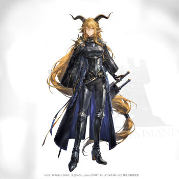 1girl animal_ears arknights armor armored_boots artist_name black_capelet black_coat black_gloves blonde_hair boots breastplate breasts capelet closed_mouth coat commentary degenbrecher_(arknights) english_commentary full_body gloves goat_ears goat_girl goat_horns hair_between_eyes helen_zzhao highres horn_ornament horns large_breasts long_hair looking_at_viewer sheath sheathed simple_background solo standing very_long_hair white_background yellow_eyes