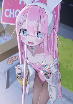 Rule 34 | 1girl, @ @, animal ears, bare shoulders, basket, black pantyhose, blue eyes, blush, box, breasts, cardboard box, chocolate, commentary request, embarrassed, fake animal ears, hair ornament, hairclip, highres, jacket, koyubita, leotard, long hair, off shoulder, open clothes, open jacket, open mouth, original, outdoors, pantyhose, pink hair, pink leotard, rabbit ears, sign, small breasts, solo, strapless, strapless leotard, table, tears, thighs, white jacket