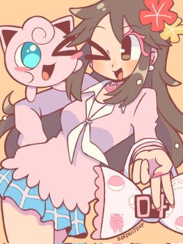 &gt;_o 1girl artist_name blue_eyes blue_skirt blush blush_stickers breasts brown_eyes brown_hair bull_sprite_(pokemon) commentary corrupted_twitter_file cosplay earrings english_commentary fairy_miku_(project_voltage) flower gen_1_pokemon hair_flower hair_ornament happy hatsune_miku hatsune_miku_(cosplay) highres jewelry jigglypuff leaf_(pokemon) long_hair long_sleeves looking_at_another medium_breasts miniskirt neckerchief nintendo one_eye_closed open_mouth orange_background pink_nails pink_sweater plaid_clothes plaid_skirt pleated_skirt pokemon pokemon_(creature) pokemon_frlg project_voltage red_flower skirt smile sofo_soup surf_sprite_(pokemon) sweater v vocaloid white_neckerchief yellow_flower