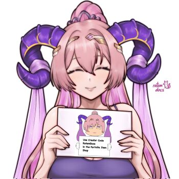 1girl alternate_costume artist_name bare_shoulders breasts cleavage closed_eyes closed_mouth collarbone corrupted_twitter_file english_text facing_viewer fire_emblem fire_emblem_heroes goat_horns high_ponytail highres holding holding_sign horns large_breasts nerthuz_(fire_emblem) nintendo pink_hair ponytail rotomdocs sign simple_background smile solo upper_body veil white_background
