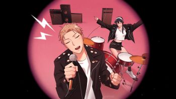 Rule 34 | 1boy, 1girl, amplifier, apt. (rose &amp; bruno mars), bass drum, black hair, black jacket, blonde hair, breasts, bruno mars, bruno mars (cosplay), clenched hand, closed eyes, commentary request, cosplay, cymbals, drum, drum set, drumsticks, film grain, highres, holding, holding drumsticks, holding microphone, instrument, jacket, korean commentary, medium breasts, microphone, miniskirt, outstretched arms, rose (blackpink), rose (blackpink) (cosplay), shoes, side slit, siro666b, skirt, snare drum, spy x family, tank top, white shoes, white tank top