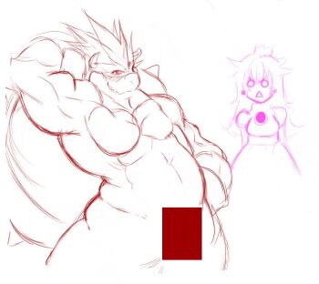 1boy 1girl bowser censored crown king koopa long_hair mario mario_(series) monochrome muscular nintendo princess princess_peach raikenji super_mario_bros._1