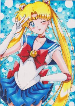 1girl absurdres bishoujo_senshi_sailor_moon blonde_hair blue_eyes blue_sailor_collar blue_skirt bow chikoto_(kztc4472) choker crescent crescent_choker double_bun earrings elbow_gloves gloves hair_bun hair_ornament heart highres jewelry long_hair magical_girl one_eye_closed pleated_skirt red_bow red_choker sailor_collar sailor_moon sailor_senshi_uniform shirt skirt solo traditional_media transformation_brooch_(sailor_moon) tsukino_usagi twintails v white_gloves white_shirt