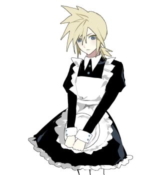 1boy 3_3lecho absurdres aged_down alternate_costume apron black_dress blonde_hair blue_eyes cloud_strife commentary cowboy_shot dress expressionless final_fantasy final_fantasy_vii final_fantasy_vii_remake frilled_apron frills highres holding holding_plate juliet_sleeves leggings long_sleeves low_ponytail maid maid_apron male_focus medium_hair plate ponytail puffy_sleeves short_ponytail simple_background solo spiked_hair symbol-only_commentary upper_body white_apron white_background white_leggings wing_collar