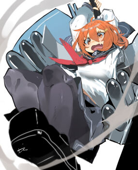 Rule 34 | 1girl, black pantyhose, black sailor collar, black shoes, black skirt, brown eyes, brown hair, fang, foreshortening, highres, ikazuchi (kancolle), kantai collection, neckerchief, pantyhose, pleated skirt, red neckerchief, rigging, sailor collar, school uniform, serafuku, shoes, short hair, skin fang, skirt, solo, sunday aki, torpedo launcher