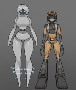 1boy 1girl blue_eyes brown_eyes brown_hair brown_overalls eve_(wall-e) full_body goggles hado_(zzzhadozzz) highres no_humans overalls robot robot_girl screen short_hair wall-e wall-e_(character) white_hair