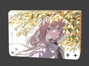 1girl animal_ears bare_shoulders black_shirt blue_eyes border braid brown_hair closed_mouth cross_hair_ornament dappled_sunlight fake_screenshot flower grey_eyes hair_between_eyes hair_ornament handheld_game_console long_hair looking_at_viewer off-shoulder_sweater off_shoulder parted_lips ponderogen shinano_(vrchat) shirt single_braid sleeveless sleeveless_shirt solo star_(symbol) star_hair_ornament sunlight sweater upper_body user_interface vrchat white_background yellow_flower