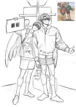 2boys :t commentary curtained_hair dalchi09 english_commentary feathered_wings full_body glasses halo hand_on_another's_shoulder highres horns jacket kim_dokja male_focus multiple_boys official_alternate_costume omniscient_reader's_viewpoint outdoors photo-referenced photo_inset road sandals shorts sign standing suitcase thumbs_up uriel_(omniscient_reader's_viewpoint) white_wings wings yoo_joonghyuk