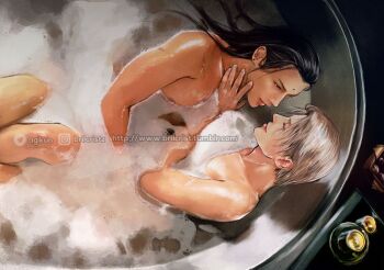 2boys bath bathing bindi black_hair blonde_hair brilcrist candle closed_eyes collarbone earrings final_fantasy final_fantasy_vii final_fantasy_vii_remake foam hand_on_another's_cheek hand_on_another's_neck jewelry legs long_hair looking_at_another male_focus multiple_boys partially_submerged rufus_shinra shiny_skin short_hair square_enix tseng turks_(ff7) twitter_username watermark web_address wet yaoi