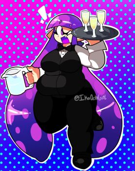 1girl breasts cocktail cocktail_glass cup drinking_glass fat fat_woman ikaoctogirl inkling inkling_girl inkling_player_character large_breasts nintendo pants pitcher_(container) purple_eyes purple_hair solo splatoon_(series) waiter water