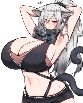 1girl alternate_breast_size_(larger) animal_ear_piercing animal_ears arknights armpits arms_behind_back arms_up bare_arms bare_shoulders belt bikini bikini_top_only black_belt black_bikini black_scarf black_shorts blush breasts bright_pupils cat_ears cat_girl cat_tail chest_belt closed_mouth commentary cowboy_shot grey_hair hair_between_eyes half-closed_eyes heavy_breathing high_ponytail highres huge_breasts long_hair looking_at_viewer navel one_eye_covered ponytail presenting_armpit raised_eyebrows rikuguma scarf schwarz_(arknights) short_shorts shorts sideboob simple_background solo squiggle standing stomach sweat swimsuit tail tail_raised underbust white_background white_pupils yellow_eyes