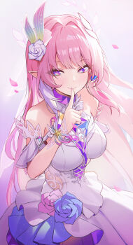 1girl absurdres bare_shoulders breasts closed_mouth commentary cyrene_(honkai:_star_rail) cyrene_(ripples_of_past_reverie)_(honkai:_star_rail) diamond-shaped_pupils diamond_(shape) dress earrings finger_to_mouth fingernails flower hair_flower hair_intakes hair_ornament hand_up highres honkai:_star_rail honkai_(series) jewelry large_breasts loloco long_fingernails looking_at_viewer pink_hair pink_nails pink_petals pointy_ears purple_eyes purple_flower purple_rose rose shushing sidelocks smile solo symbol-shaped_pupils white_dress