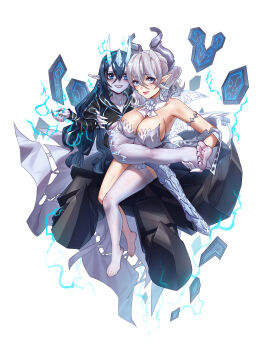 Rule 34 | 2girls, absurdres, armlet, armpits, black hair, blue eyes, breasts, cleavage, closed mouth, commentary request, demon girl, demon horns, demon wings, detached collar, dominus spark, dress, drill hair, duel monster, earrings, fingernails, gloves, grey eyes, grey hair, hair between eyes, highres, horns, jewelry, large breasts, looking at viewer, lovely labrynth of the silver castle, megatron (pixiv16907671), multiple girls, pale skin, pointy ears, sharp fingernails, sharp teeth, simple background, single thighhigh, smile, spiked armlet, strapless, strapless dress, teeth, thighhighs, toenails, tongue, tongue out, transparent wings, twin drills, white background, white thighhighs, wings, yu-gi-oh!, yuri