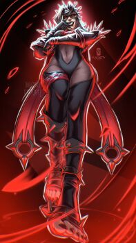 1girl black_lips black_nails feet highres looking_at_viewer looking_down malice_(sue_storm) marvel marvel_rivals red_eyes solo sue_storm toenails vlackitty white_hair