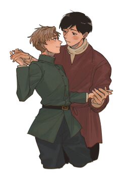 2boys albert_brudzewski_(chi.) belt belt_buckle black_belt black_hair black_pants blonde_hair blush brown_shoes buckle chi.:_chikyuu_no_undou_ni_tsuite chizaki closed_mouth cowboy_shot cropped_legs dancing green_jacket highres holding_hands jacket looking_at_another male_focus multiple_boys pants parted_bangs rafal_(chi.) shoes short_hair smile white_background yaoi