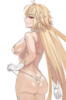1girl absurdres ahoge archetype_earth arcueid_brunestud ass bikini bikini_pull blonde_hair blue_notuki breasts clothes_pull gloves gold_trim hair_intakes highres huge_ass huge_breasts long_hair looking_at_another looking_at_viewer micro_bikini red_eyes sideboob smile smirk solo standing swimsuit thick_thighs thighs tsukihime tsukihime_(remake) very_long_hair white_background white_bikini white_gloves