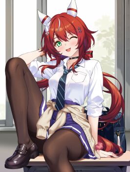 1girl alternate_costume animal_ears breasts commentary_request commission desk green_eyes gyaru highres horse_ears horse_tail long_hair looking_at_viewer low_twintails medium_breasts one_eye_closed open_mouth pantyhose red_hair school_desk school_uniform shirokuma_a sitting skeb_commission solo tail twintails umamusume variant_set win_variation_(umamusume)