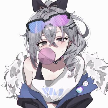 1girl badge black-framed_eyewear black_sports_bra blowing_bubble_gum blue-tinted_eyewear button_badge chewing_gum commentary_request crop_top crossed_bangs drill_hair fur-trimmed_jacket fur_trim grey_eyes grey_hair hair_between_eyes hair_intakes hair_ornament hairclip highres honkai:_star_rail honkai_(series) jacket jacket_partially_removed looking_at_viewer purple-tinted_eyewear semi-rimless_eyewear shirt side_drill silver_wolf_(honkai:_star_rail) simple_background single_sleeve solo sports_bra straight-on sunglasses tinted_eyewear upper_body white_background white_shirt yunoji_(onigiri_yumi09)