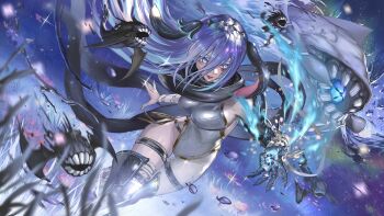 Rule 34 | 1girl, absurdres, animal ears, bandaged arm, bandages, bare shoulders, blue eyes, bodysuit, breasts, chaos zero nightmare, commentary request, highres, hir0nohir0, large breasts, long hair, monster, narja (chaos zero nightmare), open mouth, pale skin, sideboob, single leg bodysuit, skin tight, sleeveless, sleeveless bodysuit, teeth, thigh strap, white bodysuit, white hair