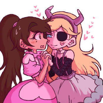 1boy 1girl blonde_hair blue_eyes blush brown_eyes brown_hair crossdressing crossdressing_(mtf) dress eyelashes eyepatch facial_mark fake_horns hairband heart heart_cheeks heart_facial_mark highres horn_hairband horned_headwear horns long_hair marco_diaz marking_on_cheek markings_on_cheeks mole mole_under_eye official_alternate_costume ponytail princess_marco_turdina skirt smile star_butterfly star_vs_the_forces_of_evil suspender_skirt suspenders trap yumichen