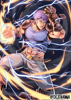 1boy abs armor belt belt_buckle blue_eyes blue_hair blue_shirt boots brown_belt brown_boots buckle clenched_hand commentary dejovanna electricity english_commentary fingerless_gloves gloves grey_pants hamon highres jojo_no_kimyou_na_bouken jonathan_joestar male_focus midriff muscular muscular_male navel pants pauldrons phantom_blood shirt shoulder_armor shoulder_pads sleeveless sleeveless_shirt solo teeth twitter_username
