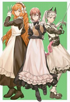 Rule 34 | 3girls, apron, arknights, black bow, black bowtie, black dress, black wings, bow, bowtie, brown hairband, dress, full body, hair bow, hairband, head wings, highres, higuchi madoka, holding, holding sword, holding weapon, idolmaster, idolmaster shiny colors, irene (arknights), irene (voyage of feathers) (arknights), ishmael (project moon), juliet sleeves, limbus company, long hair, long sleeves, looking at viewer, monochrome, multiple girls, oxy (ho2), pink eyes, pink hair, ponytail, project moon, puffy short sleeves, puffy sleeves, rope, short sleeves, sword, weapon, white apron, white bow, white hair, wings, wuthering heights (identity) (project moon)