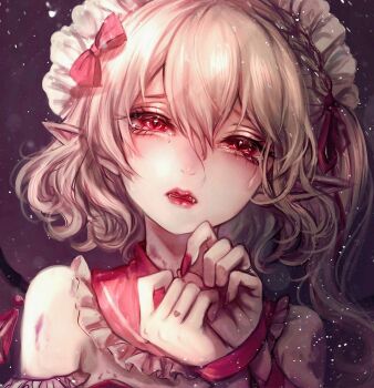 1girl bare_shoulders blonde_hair bound bound_wrists bow braid broken_heart bruise bruise_on_arm bruise_on_neck commentary_request fangs finger_tattoo flandre_scarlet hair_between_eyes hair_bow hair_ribbon heart highres injury kyogoku-uru long_hair looking_at_viewer pointy_ears portrait red_bow red_eyes red_nails red_ribbon ribbon solo tattoo tearing_up touhou wings