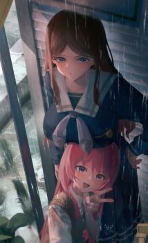 2girls absurdres bang_dream! bang_dream!_it's_mygo!!!!! blue_eyes blue_shirt blue_skirt breasts brown_hair brown_sweater_vest chihaya_anon chinese_commentary commentary_request fang grey_eyes grey_neckerchief hand_on_own_hip haneoka_school_uniform highres large_breasts long_hair long_sleeves looking_at_viewer multiple_girls nagasaki_soyo neckerchief open_mouth pink_hair pleated_skirt rain school_uniform shirt signature skin_fang skirt sklt_(swyt8223) sweater_vest tsukinomori_school_uniform v wet wet_clothes wet_shirt white_shirt