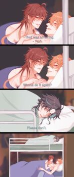 3boys aftersex bed blush bunk_bed english_text genshin_impact highres implied_sex implied_yaoi kinzlev multiple_boys tartaglia_(genshin_impact) xiao_(genshin_impact) yaoi zhongli_(genshin_impact)