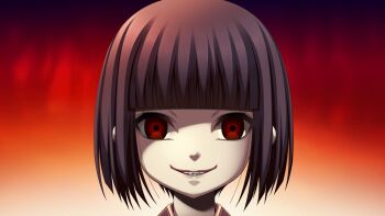 1girl black_hair creepy grand_guignol_no_yoru looking_at_viewer red_eyes smile tinkerbell