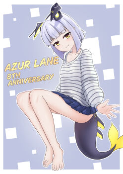 1girl absurdres anniversary azur_lane bare_legs blue_skirt blush breasts commentary_request copyright_name explorer_(azur_lane) fins fish_tail from_below from_side full_body headgear highres looking_at_viewer looking_down matsunaga_maguro medium_hair pleated_skirt purple_hair rigging ship_turret shirt siren_(azur_lane) skirt small_breasts smile solo striped_clothes striped_shirt tail white_hair yellow_eyes