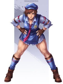 1girl artist_name blue_hat blue_shorts blue_socks blue_sweater blue_vest breasts brown_eyes brown_hair brown_shoes buttons cleavage collared_shirt female_focus fingerless_gloves gloves hat kazama_asuka large_breasts matching_hair/eyes namco necktie newsboy_cap parted_hair parted_lips patch red_necktie school_uniform shamserg shirt shoes short_hair shorts socks solo sweater teeth tekken tekken_8 vest