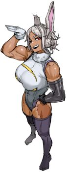 1girl absurdres animal_ears bare_shoulders biceps boku_no_hero_academia breasts covered_abs covered_navel crescent_print dark-skinned_female dark_skin full_body fur_collar gloves hand_on_own_hip hand_up highleg highleg_leotard highres large_breasts leotard long_eyelashes looking_at_viewer mechanical_arms mechanical_legs mirko muscular muscular_female open_mouth parted_bangs purple_thighhighs rabbit_ears rabbit_girl rabbit_pose red_eyes scar scar_on_leg short_hair simple_background single_mechanical_arm single_mechanical_leg smile solo soolee040995 taut_leotard teeth thighhighs thighs upper_teeth_only white_background white_gloves white_hair white_leotard