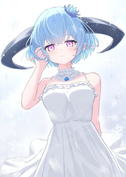 1girl arm_at_side bare_arms bare_shoulders blue_hair breasts collar detached_collar dress filene_(shadowverse) flower frilled_collar frills hair_flower hair_ornament hand_in_own_hair hand_up highres horns jewelry looking_at_viewer mizuhi_kou parted_lips pendant pink_eyes pointy_ears shadowverse short_hair sidelocks sleeveless sleeveless_dress small_breasts solo upper_body white_dress