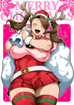 1girl antlers belt blush breasts brown_eyes brown_hair christmas commentary_request covered_erect_nipples cowboy_shot dress gundam gundam_build_fighters gundam_build_fighters_try hat highres holding holding_sack horns jun_(rojiura_jack) large_breasts long_hair looking_at_viewer merry_christmas open_mouth paid_reward_available pink_background plump red_dress red_thighhighs sack santa_hat sazaki_kaoruko short_sleeves solo teeth thick_thighs thighhighs thighs twintails upper_teeth_only zettai_ryouiki