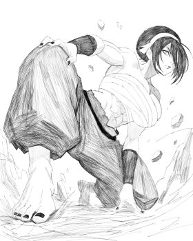 Rule 34 | 1girl, abs, armpits, avatar legends, bandaged chest, bare shoulders, barefoot, black hair, black nails, blind, bracelet, commentary, feet, foot focus, foreshortening, full body, geokinesis, grey eyes, hair between eyes, hair over one eye, hairband, hand on ground, hand on own knee, hex mamaso, highres, jewelry, lips, monochrome, muscular, muscular female, nail polish, on one knee, pants, sidelocks, sketch, solo, tassel, toenail polish, toenails, toes, toph beifong
