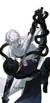 2boys artist_name black_choker black_coat black_gloves black_hair black_pants black_snake blood blood_from_mouth blood_spray blue_eyes braid bright_pupils choker coat colored_eyelashes cross-shaped_pupils dip_(dance_move) eli_clark eli_clark_(noir) eli_clark_(white) expressionless gloves head_back highres holding holding_sword holding_weapon identity_v injury jewelry looking_at_viewer male_focus monocle multiple_boys no_blindfold official_alternate_costume pale_skin pants plunging_neckline scarf selfcest slit_throat snake snake_wrapped_around_body stab sword symbol-shaped_pupils tu_nan tunic twin_braids weapon white_eyelashes white_hair white_pupils white_scarf white_streaks white_tunic yaoi